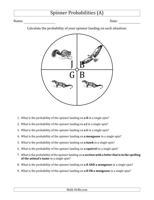 The Non-Numerical Spinners with Letters/Pictures (4 Sections) (All) Math Worksheet
