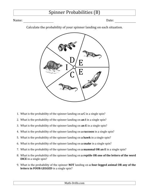 The Non-Numerical Spinners with Letters/Pictures (5 Sections) (B) Math Worksheet