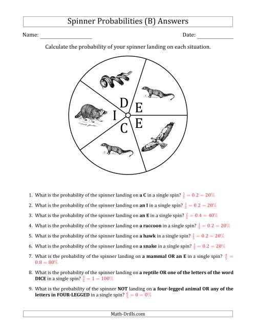 The Non-Numerical Spinners with Letters/Pictures (5 Sections) (B) Math Worksheet Page 2