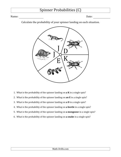 The Non-Numerical Spinners with Letters/Pictures (5 Sections) (C) Math Worksheet