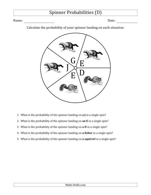 The Non-Numerical Spinners with Letters/Pictures (5 Sections) (D) Math Worksheet