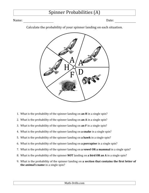 The Non-Numerical Spinners with Letters/Pictures (5 Sections) (All) Math Worksheet