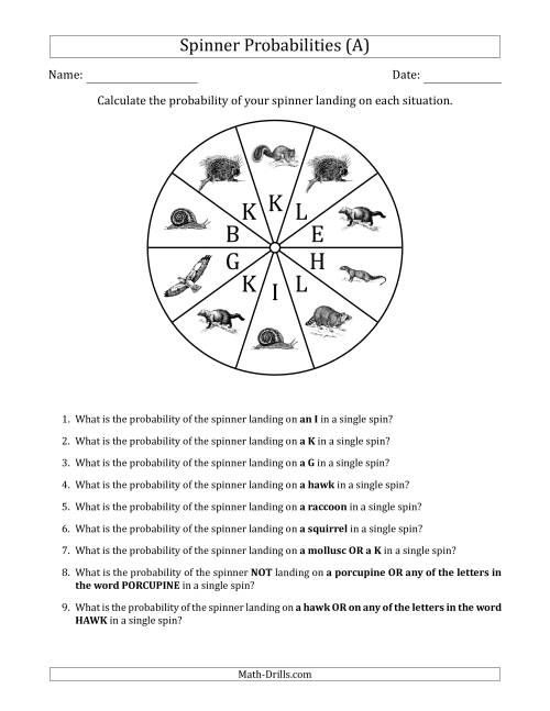 The Non-Numerical Spinners with Letters/Pictures (10 Sections) (All) Math Worksheet