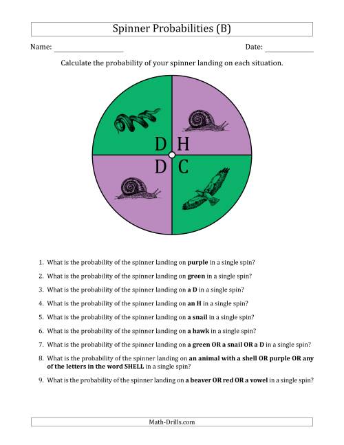 The Non-Numerical Spinners with Colors/Letters/Pictures (4 Sections) (B) Math Worksheet