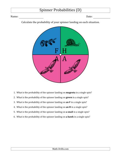 The Non-Numerical Spinners with Colors/Letters/Pictures (4 Sections) (D) Math Worksheet