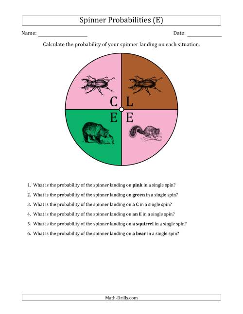 The Non-Numerical Spinners with Colors/Letters/Pictures (4 Sections) (E) Math Worksheet