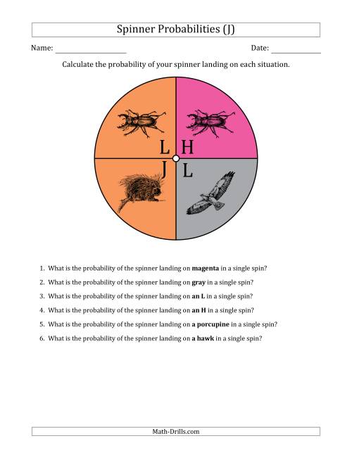 The Non-Numerical Spinners with Colors/Letters/Pictures (4 Sections) (J) Math Worksheet