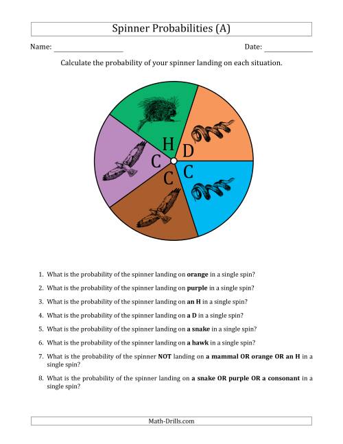 The Non-Numerical Spinners with Colors/Letters/Pictures (5 Sections) (A) Math Worksheet