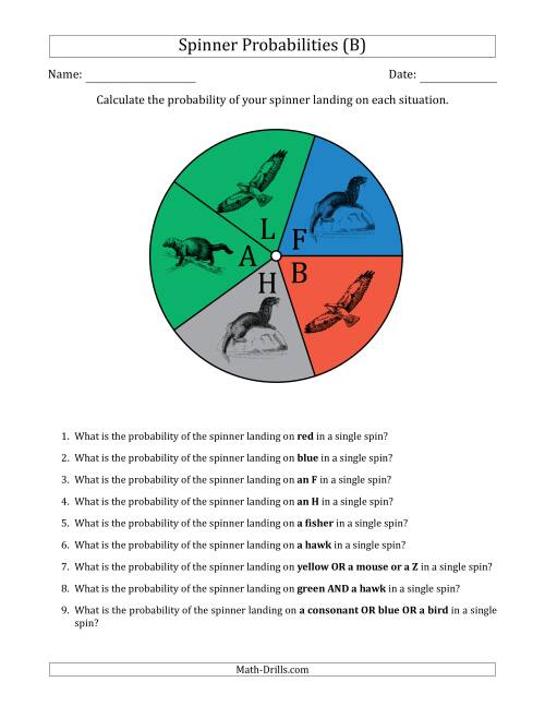 The Non-Numerical Spinners with Colors/Letters/Pictures (5 Sections) (B) Math Worksheet