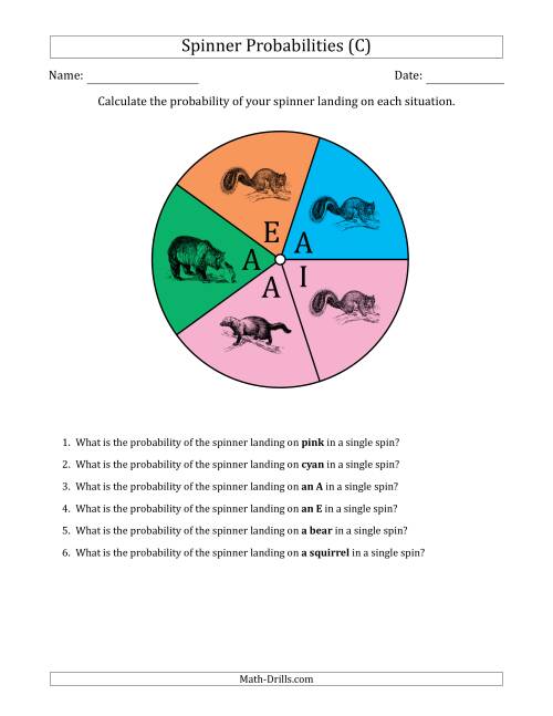 The Non-Numerical Spinners with Colors/Letters/Pictures (5 Sections) (C) Math Worksheet