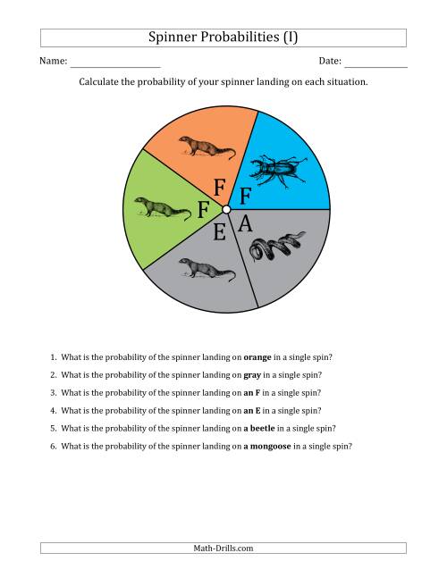 The Non-Numerical Spinners with Colors/Letters/Pictures (5 Sections) (I) Math Worksheet
