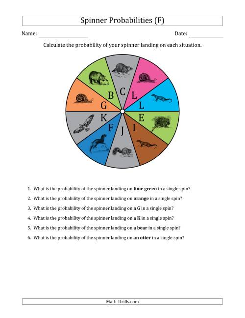 The Non-Numerical Spinners with Colors/Letters/Pictures (10 Sections) (F) Math Worksheet