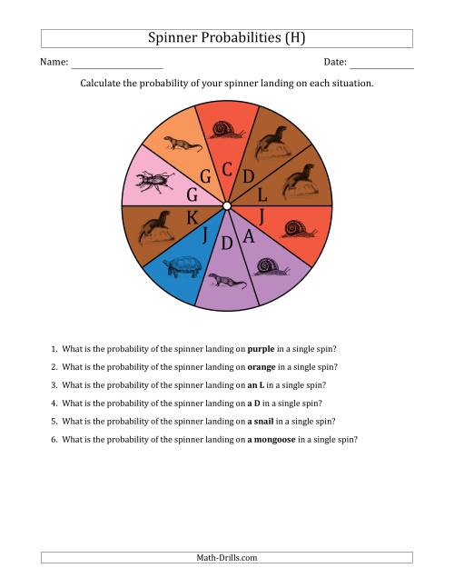 The Non-Numerical Spinners with Colors/Letters/Pictures (10 Sections) (H) Math Worksheet