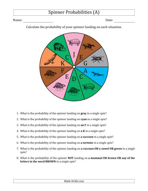 The Non-Numerical Spinners with Colors/Letters/Pictures (10 Sections) (All) Math Worksheet