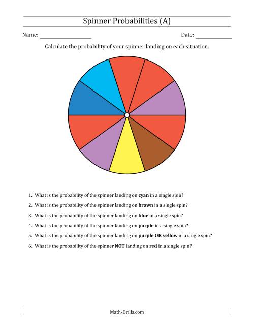 The Non-Numerical Spinners with Colors (10 Sections) (A) Math Worksheet