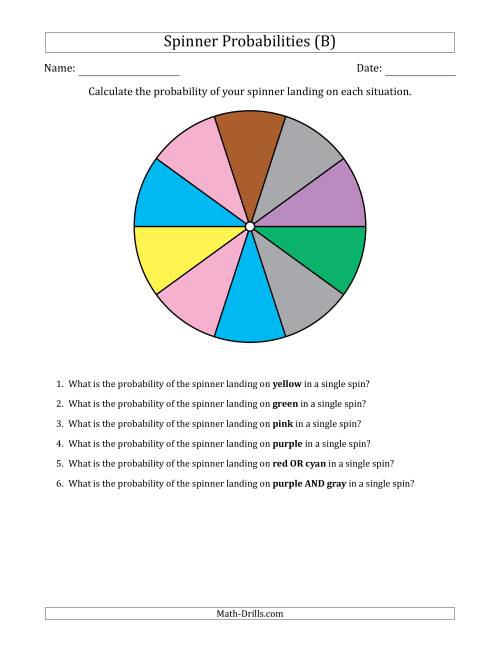 The Non-Numerical Spinners with Colors (10 Sections) (B) Math Worksheet