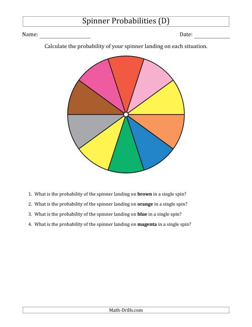 The Non-Numerical Spinners with Colors (10 Sections) (D) Math Worksheet