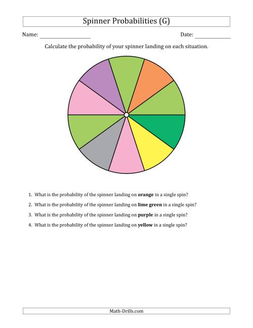 The Non-Numerical Spinners with Colors (10 Sections) (G) Math Worksheet