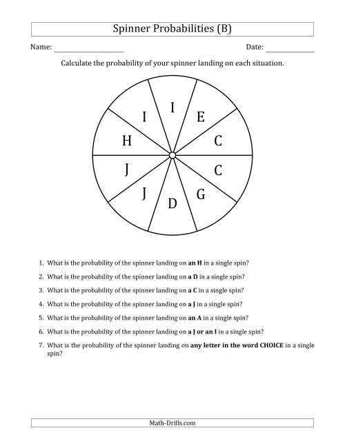 The Non-Numerical Spinners with Letters (10 Sections) (B) Math Worksheet