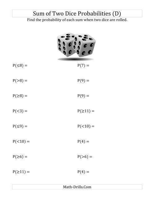 The Sum of Two Dice Probabilities (D) Math Worksheet