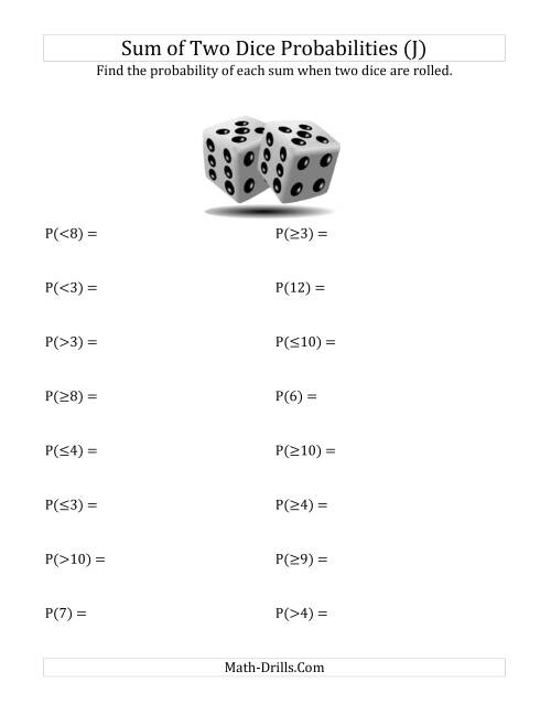 The Sum of Two Dice Probabilities (J) Math Worksheet