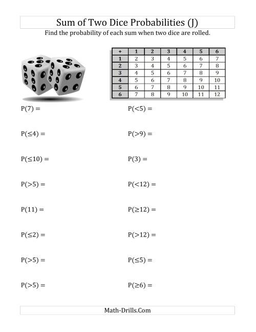 The Sum of Two Dice Probabilities with Table (J) Math Worksheet