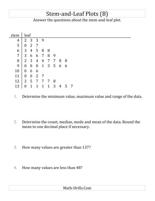 The Stem-and-Leaf Plot Questions with Data Counts of About 50 (B) Math Worksheet