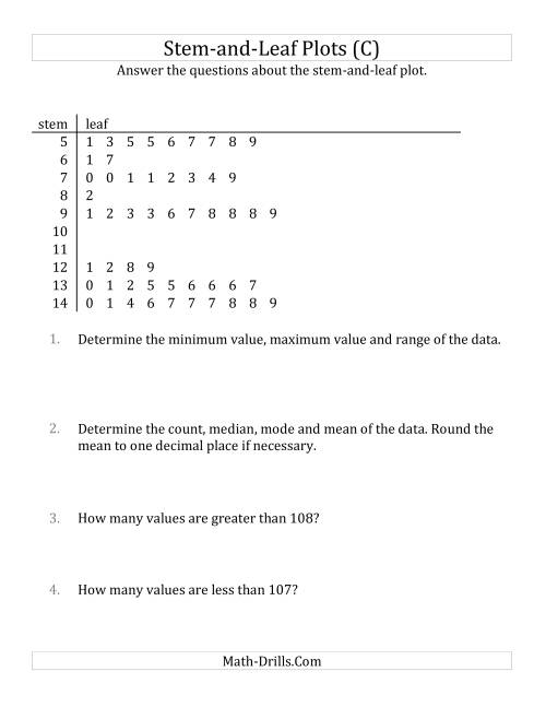 The Stem-and-Leaf Plot Questions with Data Counts of About 50 (C) Math Worksheet