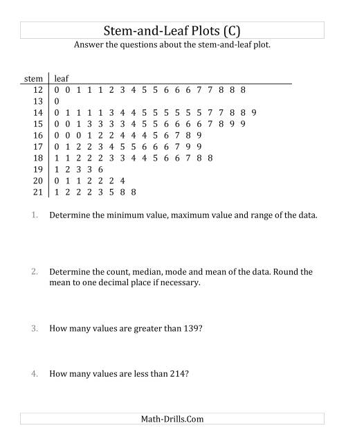 The Stem-and-Leaf Plot Questions with Data Counts of About 100 (C) Math Worksheet