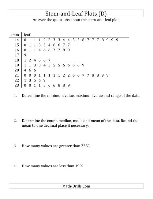 The Stem-and-Leaf Plot Questions with Data Counts of About 100 (D) Math Worksheet