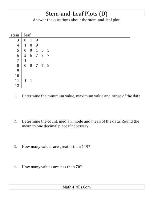 The Stem-and-Leaf Plot Questions with Data Counts of About 25 (D) Math Worksheet