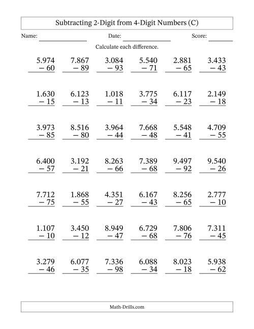 The Subtracting 2-Digit from 4-Digit Numbers With Some Regrouping (42 Questions) (Period Separated Thousands) (C) Math Worksheet