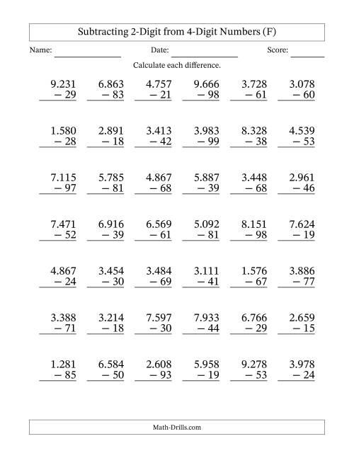 The Subtracting 2-Digit from 4-Digit Numbers With Some Regrouping (42 Questions) (Period Separated Thousands) (F) Math Worksheet