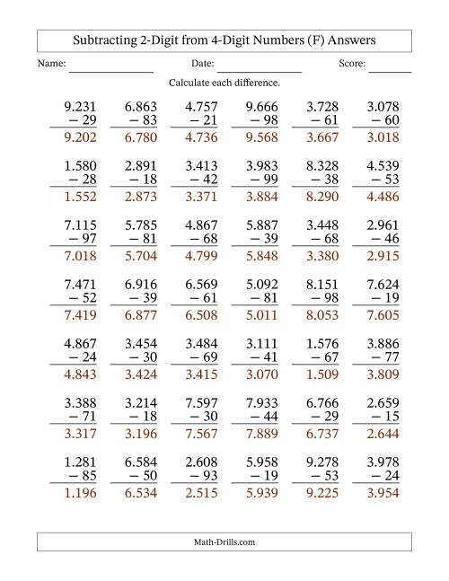 The Subtracting 2-Digit from 4-Digit Numbers With Some Regrouping (42 Questions) (Period Separated Thousands) (F) Math Worksheet Page 2