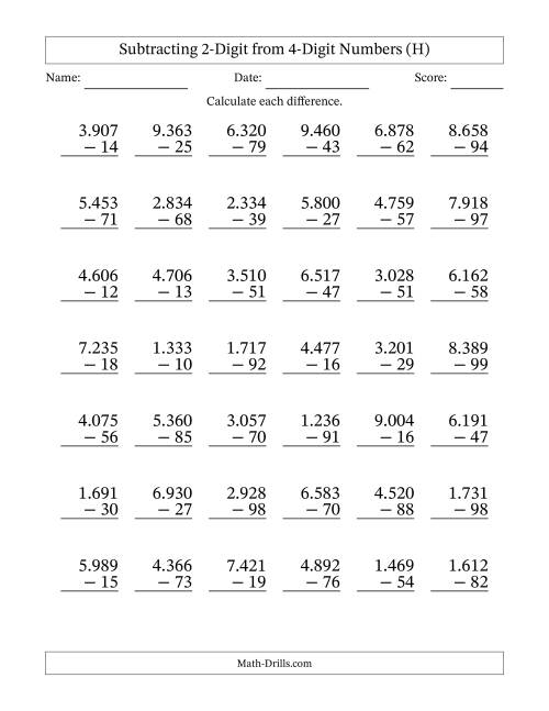 The Subtracting 2-Digit from 4-Digit Numbers With Some Regrouping (42 Questions) (Period Separated Thousands) (H) Math Worksheet