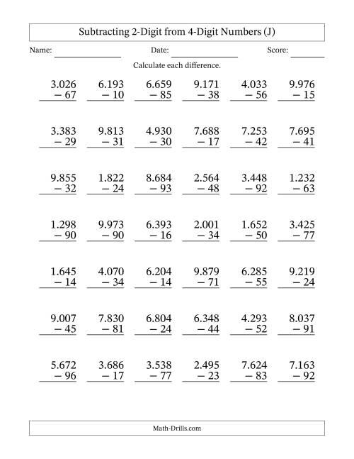 The Subtracting 2-Digit from 4-Digit Numbers With Some Regrouping (42 Questions) (Period Separated Thousands) (J) Math Worksheet
