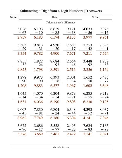 The Subtracting 2-Digit from 4-Digit Numbers With Some Regrouping (42 Questions) (Period Separated Thousands) (J) Math Worksheet Page 2