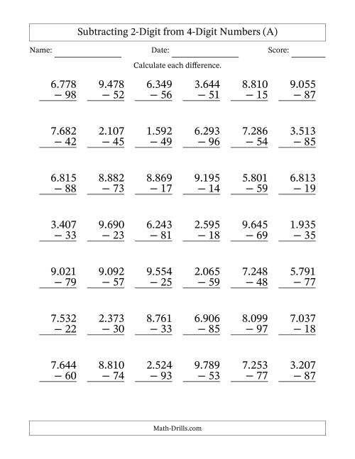 The Subtracting 2-Digit from 4-Digit Numbers With Some Regrouping (42 Questions) (Period Separated Thousands) (All) Math Worksheet