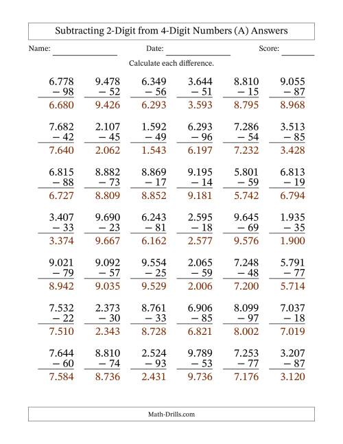 The Subtracting 2-Digit from 4-Digit Numbers With Some Regrouping (42 Questions) (Period Separated Thousands) (All) Math Worksheet Page 2