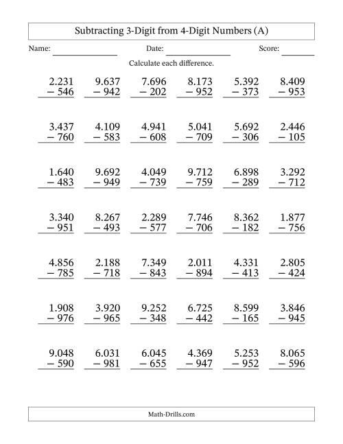 The Subtracting 3-Digit from 4-Digit Numbers With Some Regrouping (42 Questions) (Period Separated Thousands) (A) Math Worksheet