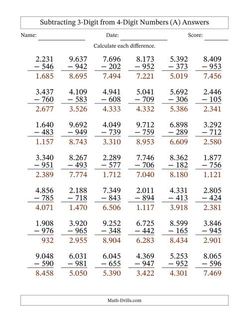 The 4-Digit Minus 3-Digit Subtraction with Period-Separated Thousands (A) Math Worksheet Page 2