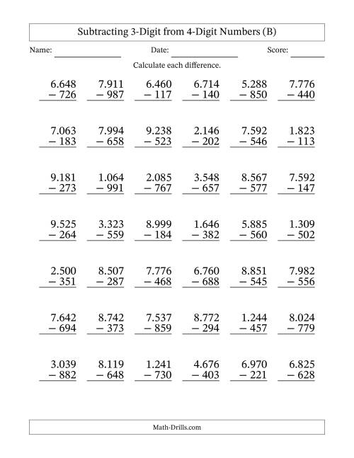 The 4-Digit Minus 3-Digit Subtraction with Period-Separated Thousands (B) Math Worksheet