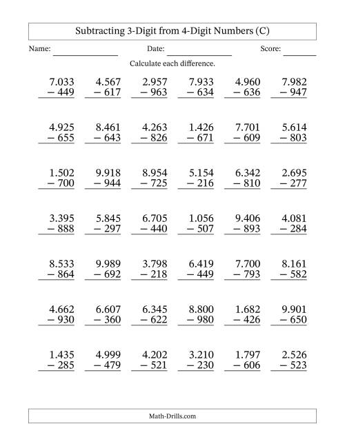 The Subtracting 3-Digit from 4-Digit Numbers With Some Regrouping (42 Questions) (Period Separated Thousands) (C) Math Worksheet