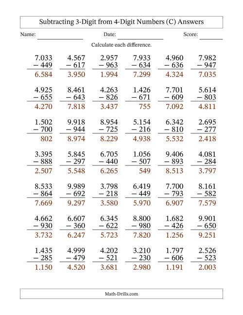 The Subtracting 3-Digit from 4-Digit Numbers With Some Regrouping (42 Questions) (Period Separated Thousands) (C) Math Worksheet Page 2