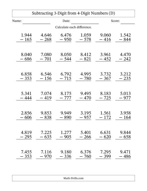 The 4-Digit Minus 3-Digit Subtraction with Period-Separated Thousands (D) Math Worksheet