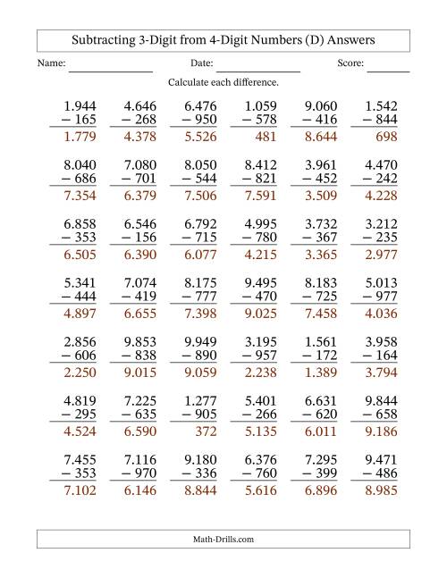 The 4-Digit Minus 3-Digit Subtraction with Period-Separated Thousands (D) Math Worksheet Page 2