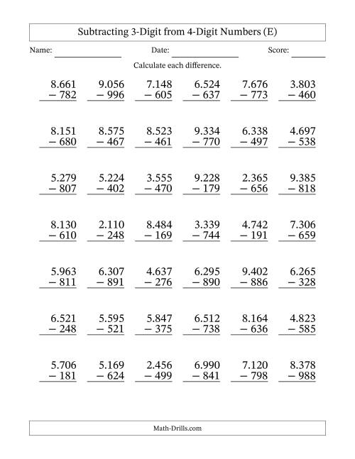 The 4-Digit Minus 3-Digit Subtraction with Period-Separated Thousands (E) Math Worksheet