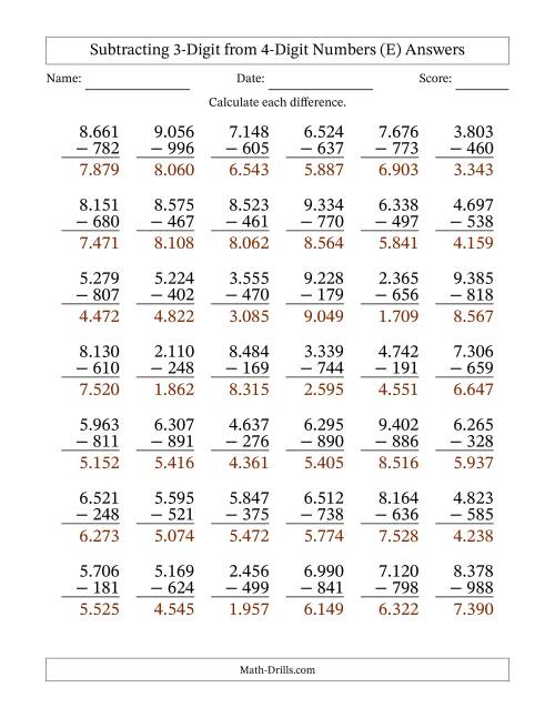 The Subtracting 3-Digit from 4-Digit Numbers With Some Regrouping (42 Questions) (Period Separated Thousands) (E) Math Worksheet Page 2