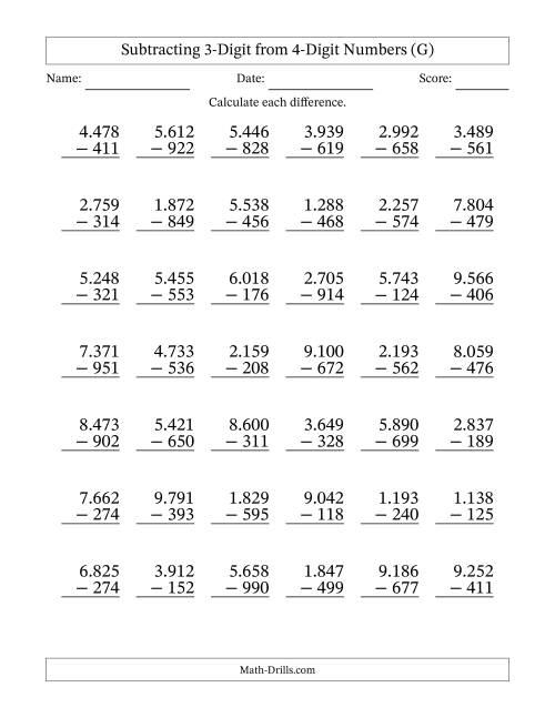 The 4-Digit Minus 3-Digit Subtraction with Period-Separated Thousands (G) Math Worksheet