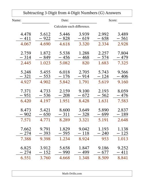 The Subtracting 3-Digit from 4-Digit Numbers With Some Regrouping (42 Questions) (Period Separated Thousands) (G) Math Worksheet Page 2